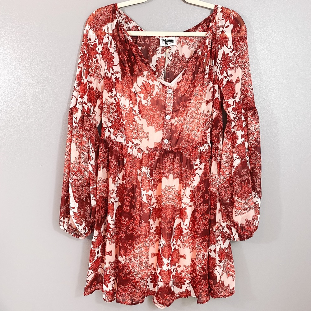 Show Me Your MuMu Rust and Cream Floral V-Neck Mini Dress - Picture 5 of 12